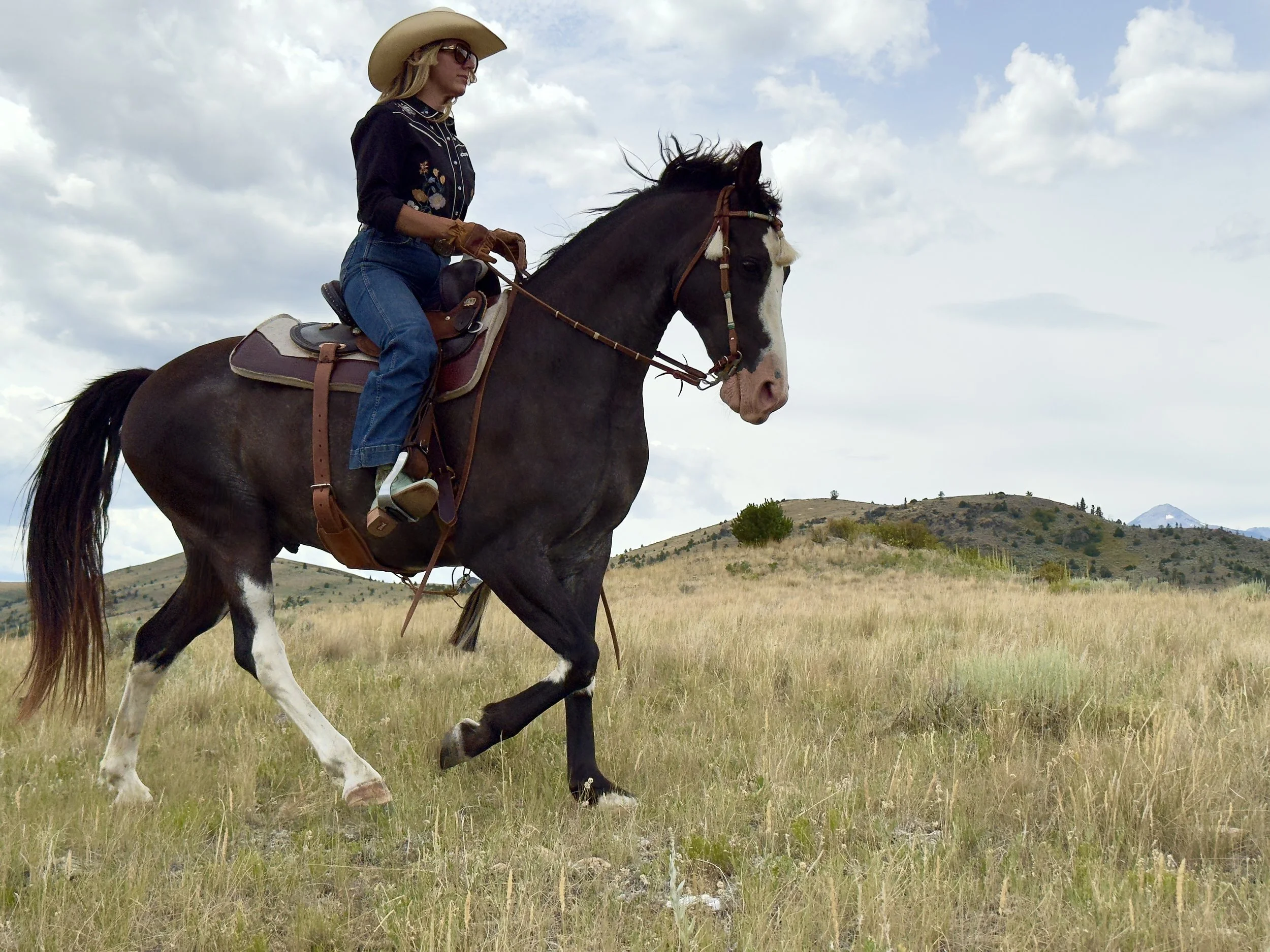 A woman riding a black and white horse across a grassy field under cloudy skies.