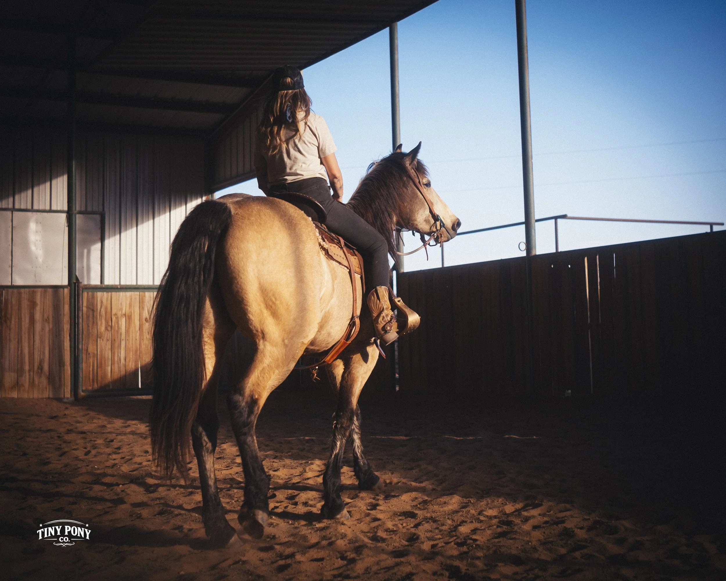 A woman with long hair riding a light brown horse inside a covered riding arena with dirt floor and wooden walls, during late afternoon or early evening with blue sky visible.
