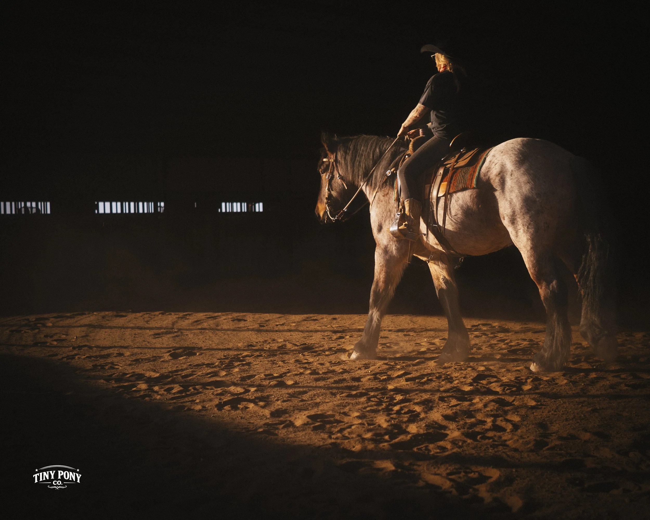A person riding a horse inside a dark arena with windows letting in some light, illuminated by a spotlight on the ground.