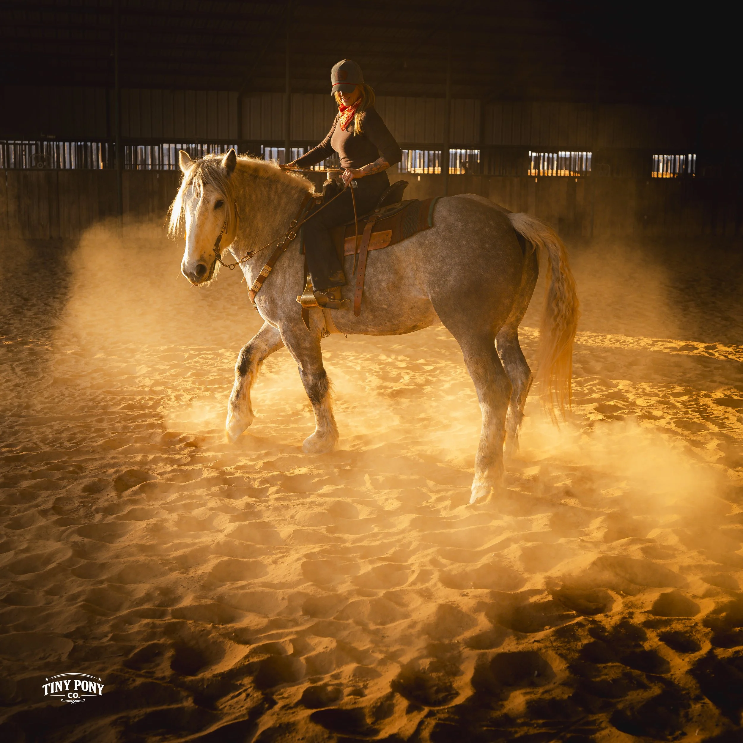 A woman riding a palomino horse inside an indoor riding arena with wooden walls and a dirt floor illuminated by warm sunlight.