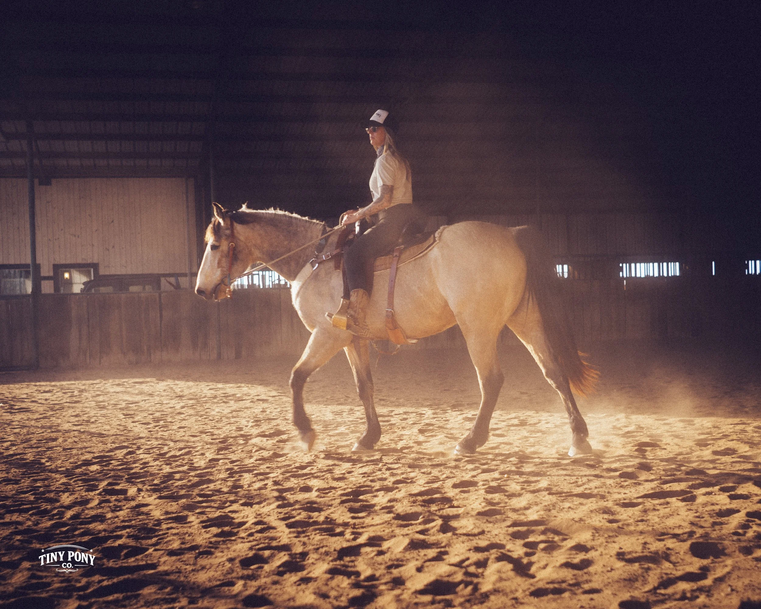 A woman riding a palomino horse inside an indoor riding arena with sunlight streaming in from windows in the background.