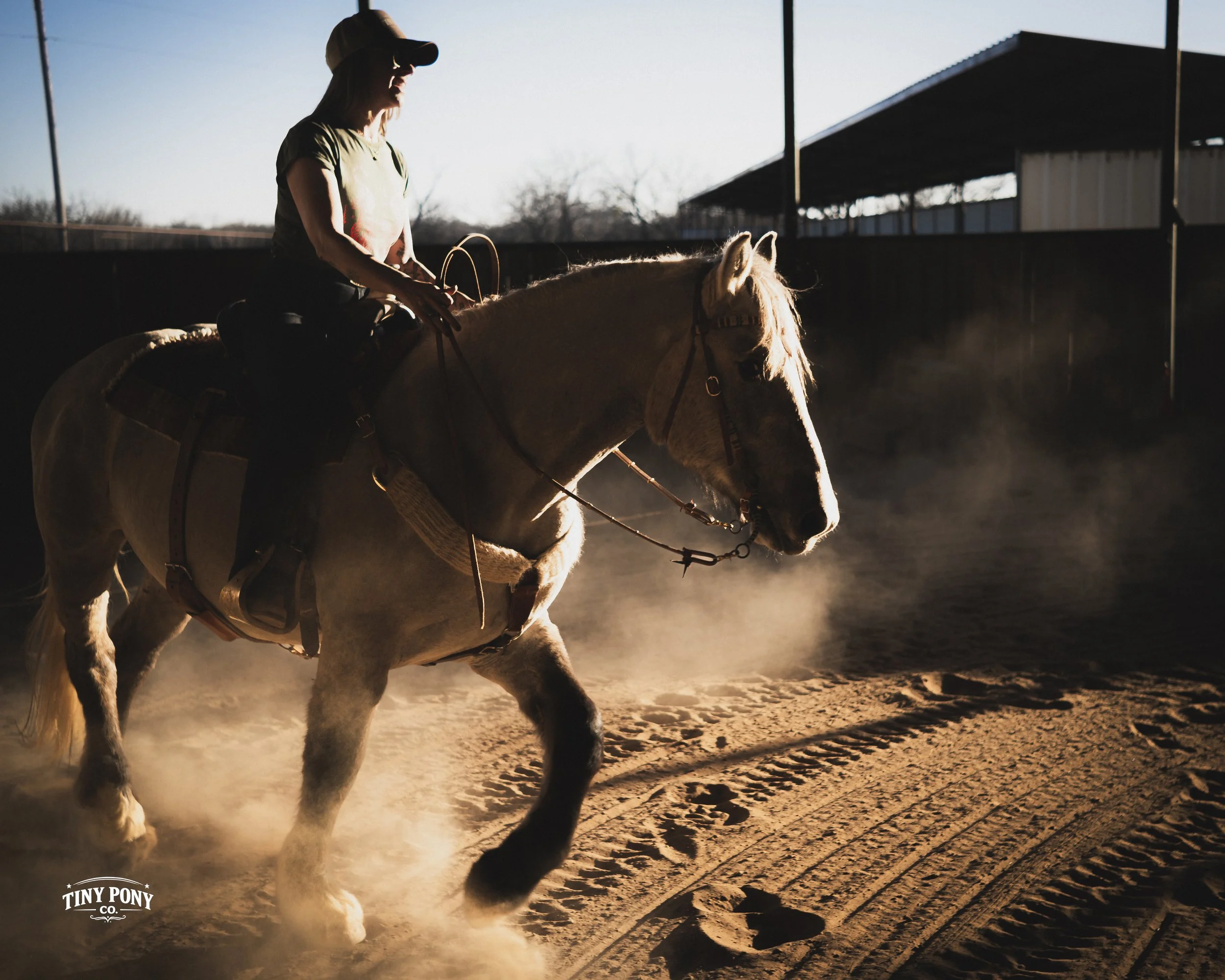 A woman riding a light-colored horse inside an indoor riding arena with sunlight streaming in from the open sides. Dust is visible around the horse's hooves, and the woman is wearing a cap and casual riding attire.