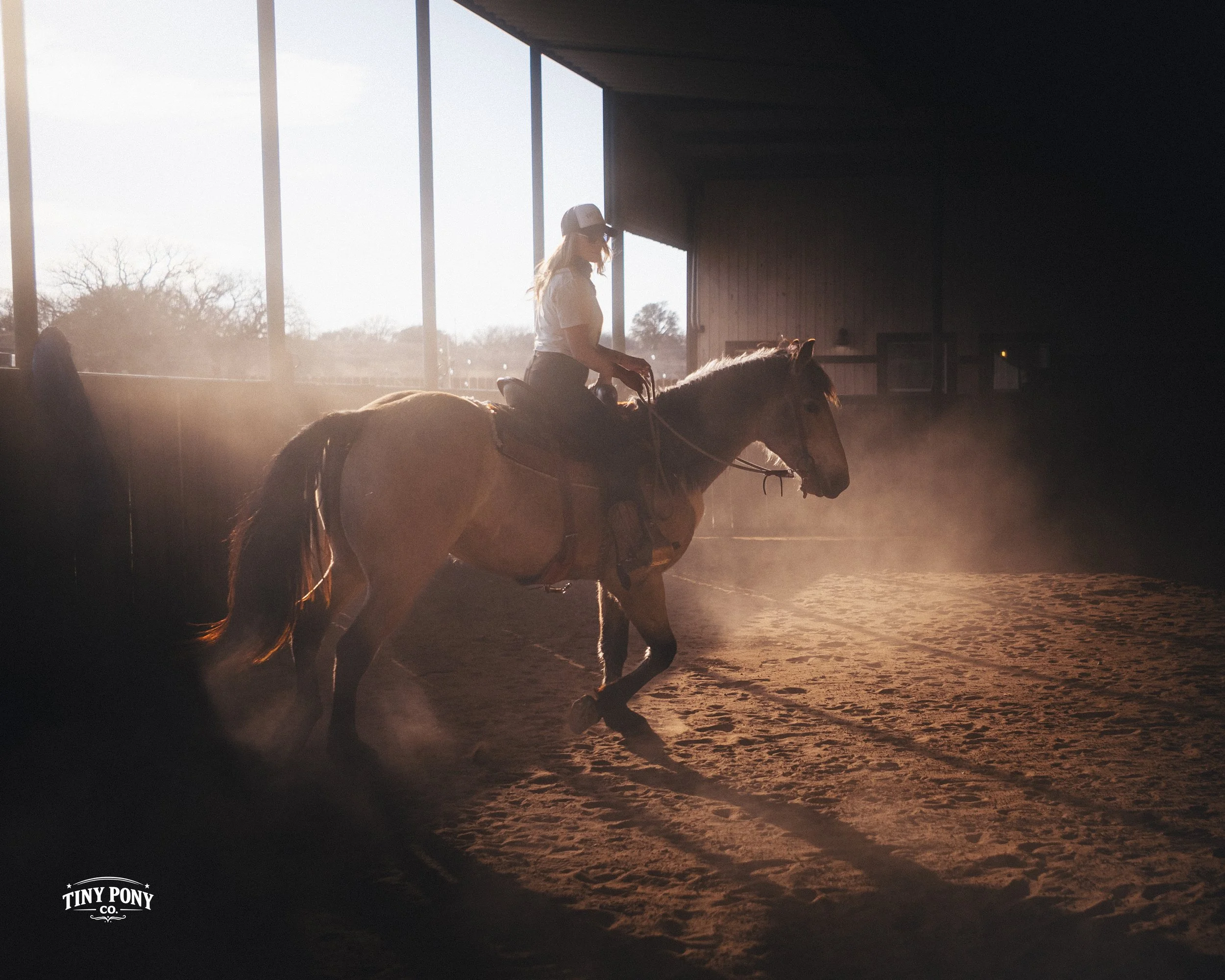A woman riding a horse inside an indoor riding arena with sunlight streaming through large windows, creating a hazy atmosphere.