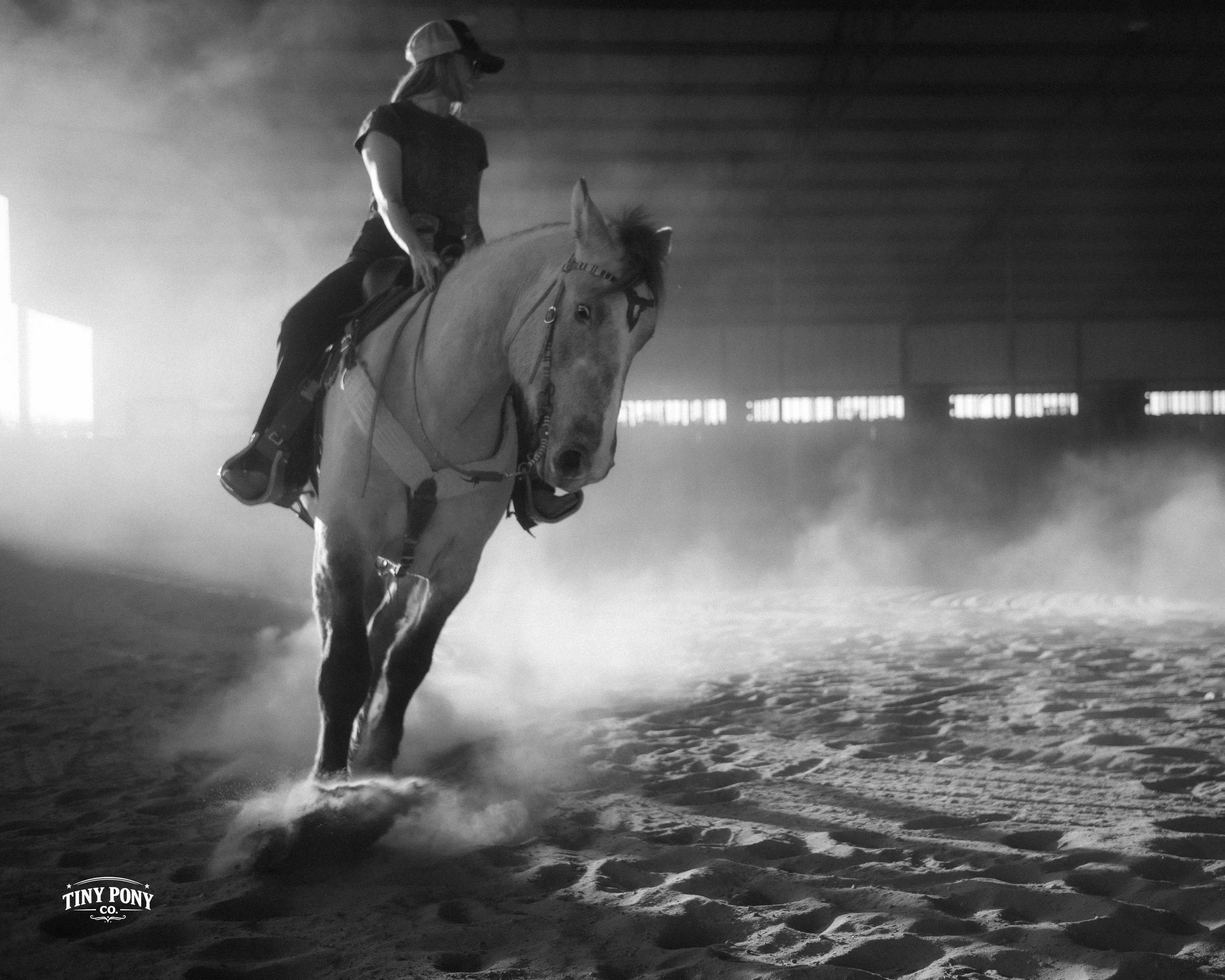 A woman riding a horse in an indoor arena, kicking up dust, with sunlight coming through windows in the background.