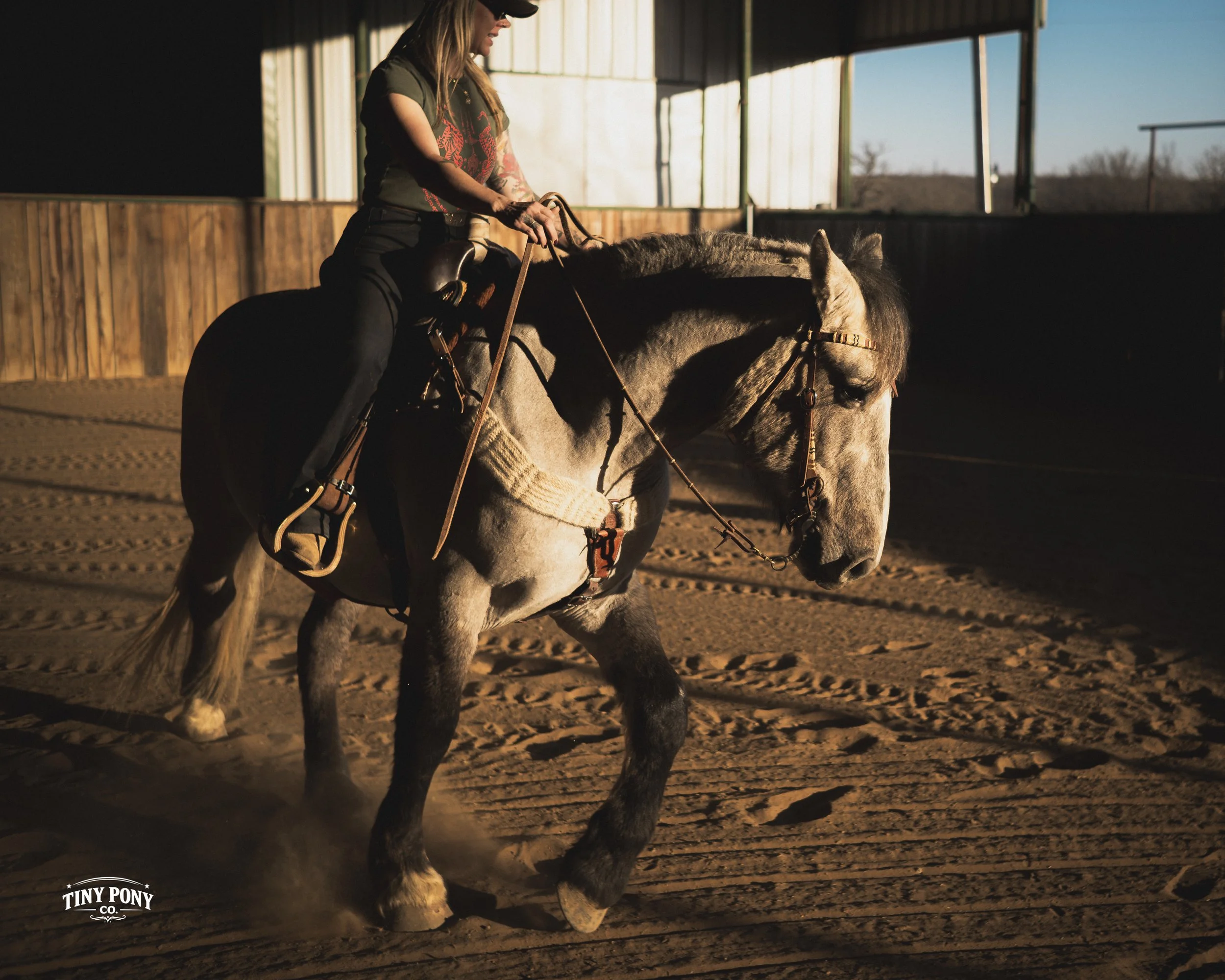 A woman riding a gray horse inside a riding arena with wooden walls and a partially open side showing trees outside, during late afternoon or early evening.