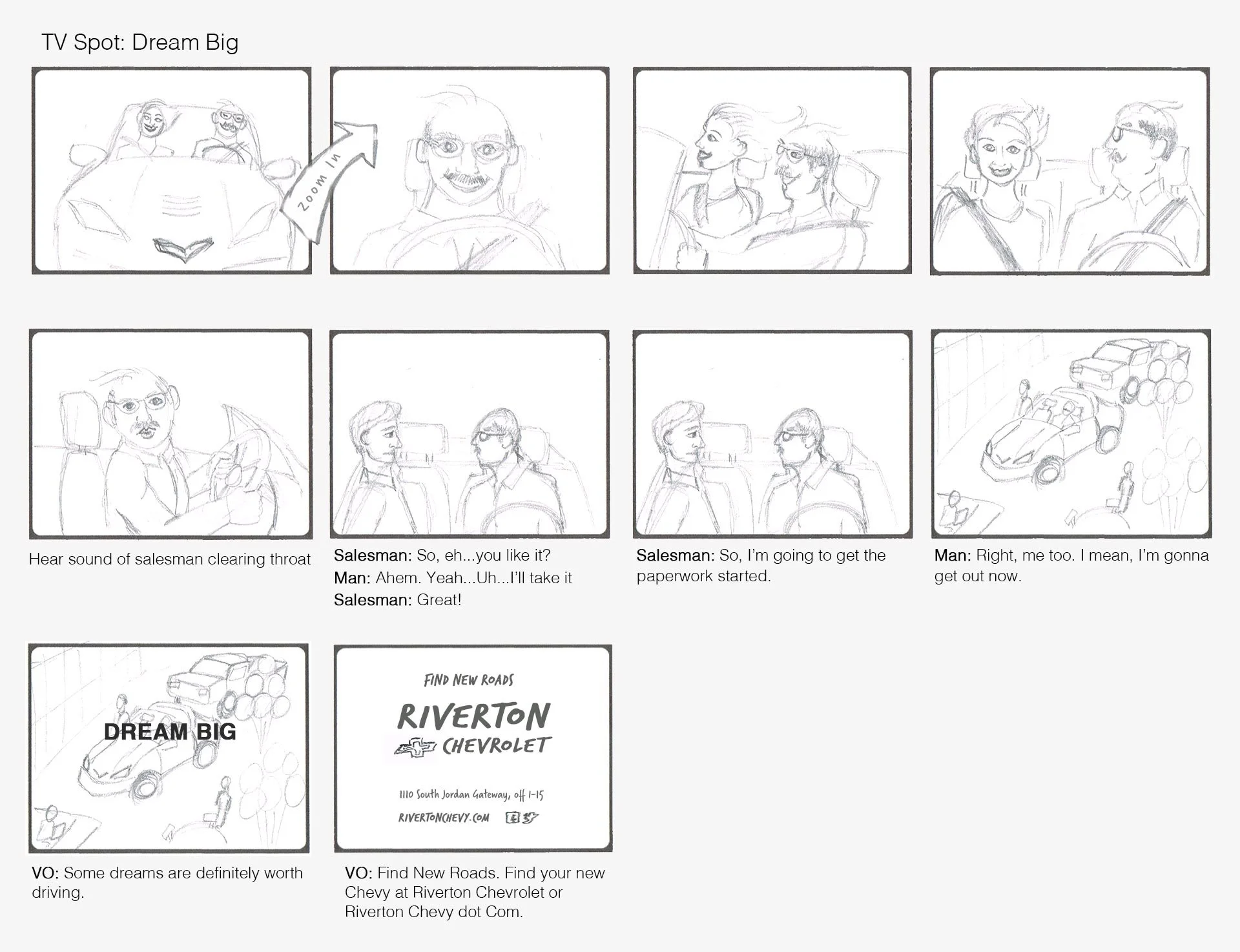 A comic storyboard of a car commercial titled 'Dream Big' showing two people in a sports car, a salesperson, and a man talking about buying the car. The final shot displays the dealership's logo and contact information.