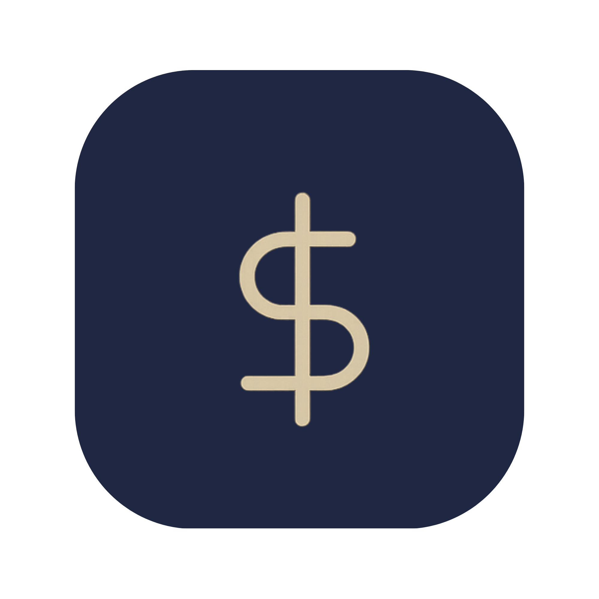 Beige dollar sign centered on a navy rounded square background.