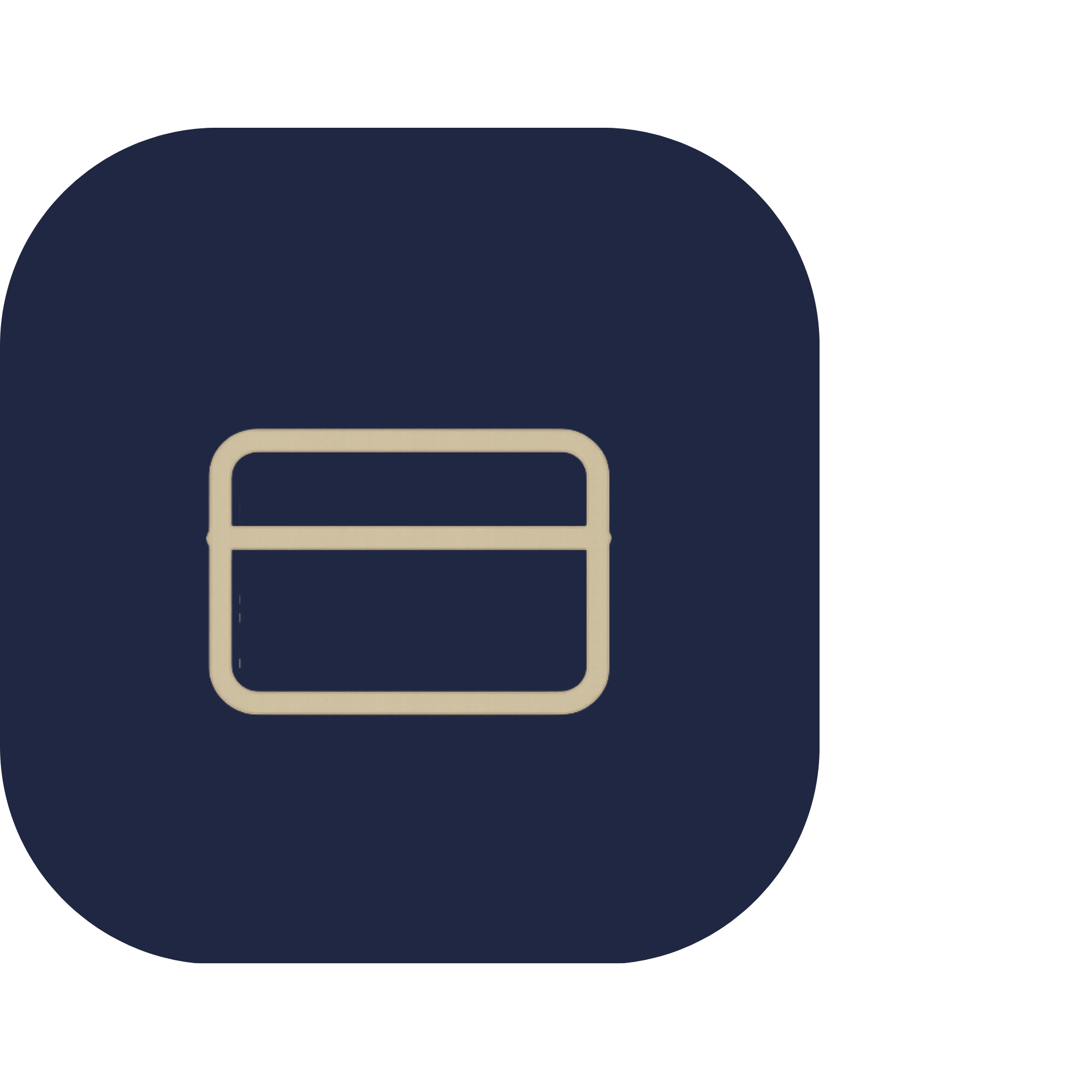Beige credit card outline inside a navy rounded square.