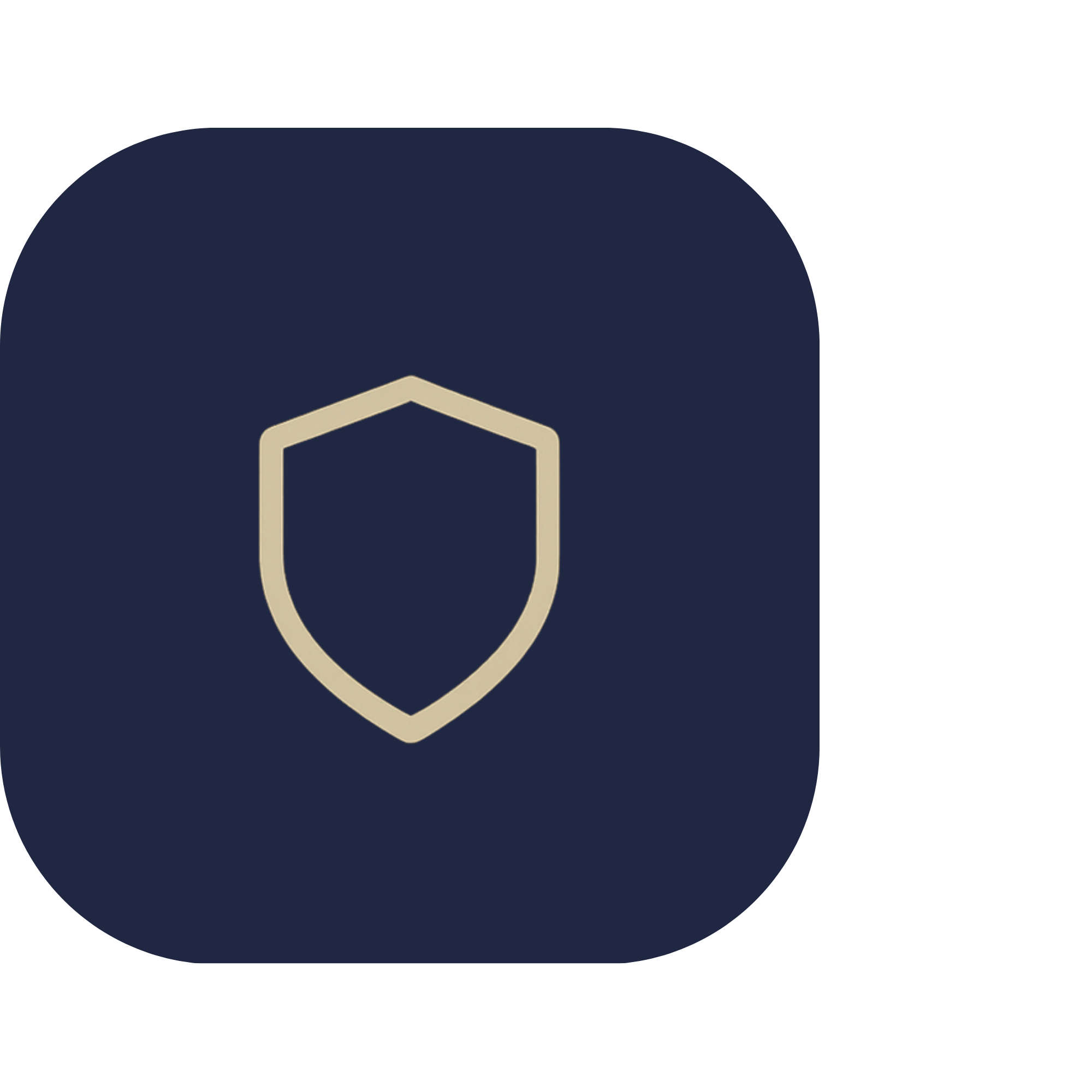 Beige shield outline inside a navy rounded square.