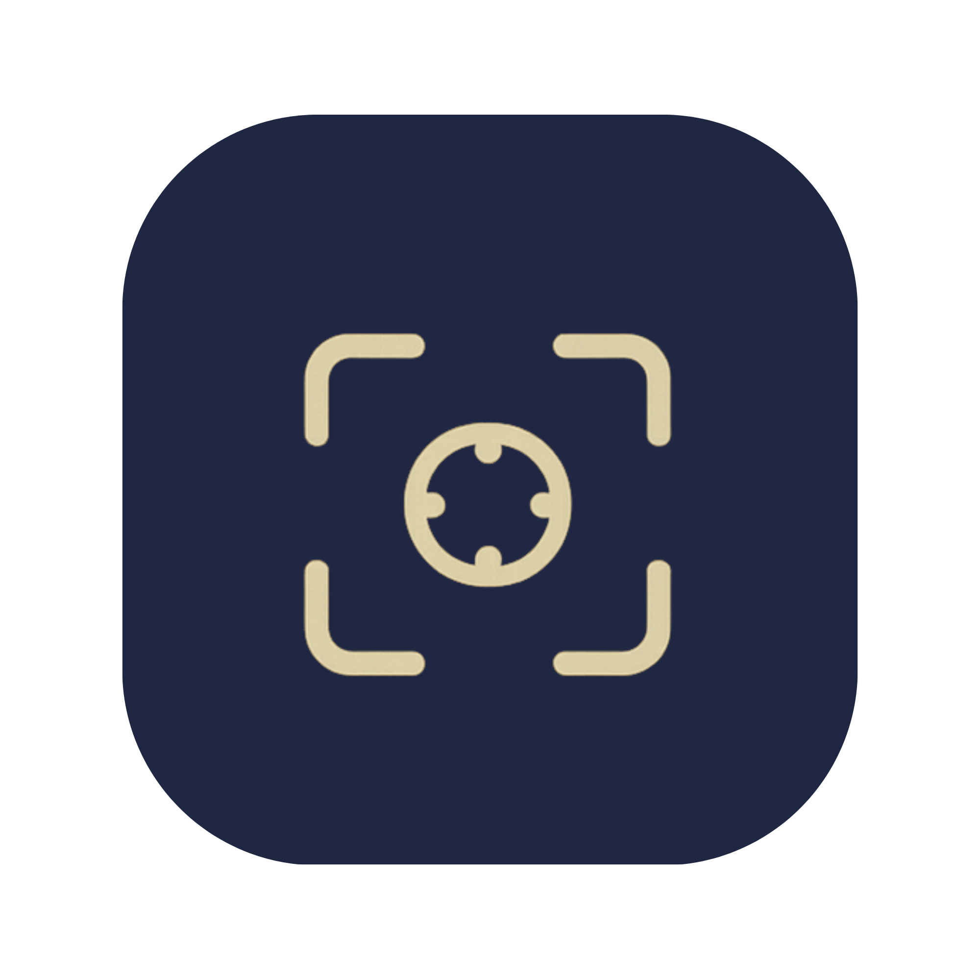 Beige target icon with four corner brackets and a circular crosshair in the center on a navy rounded square background.