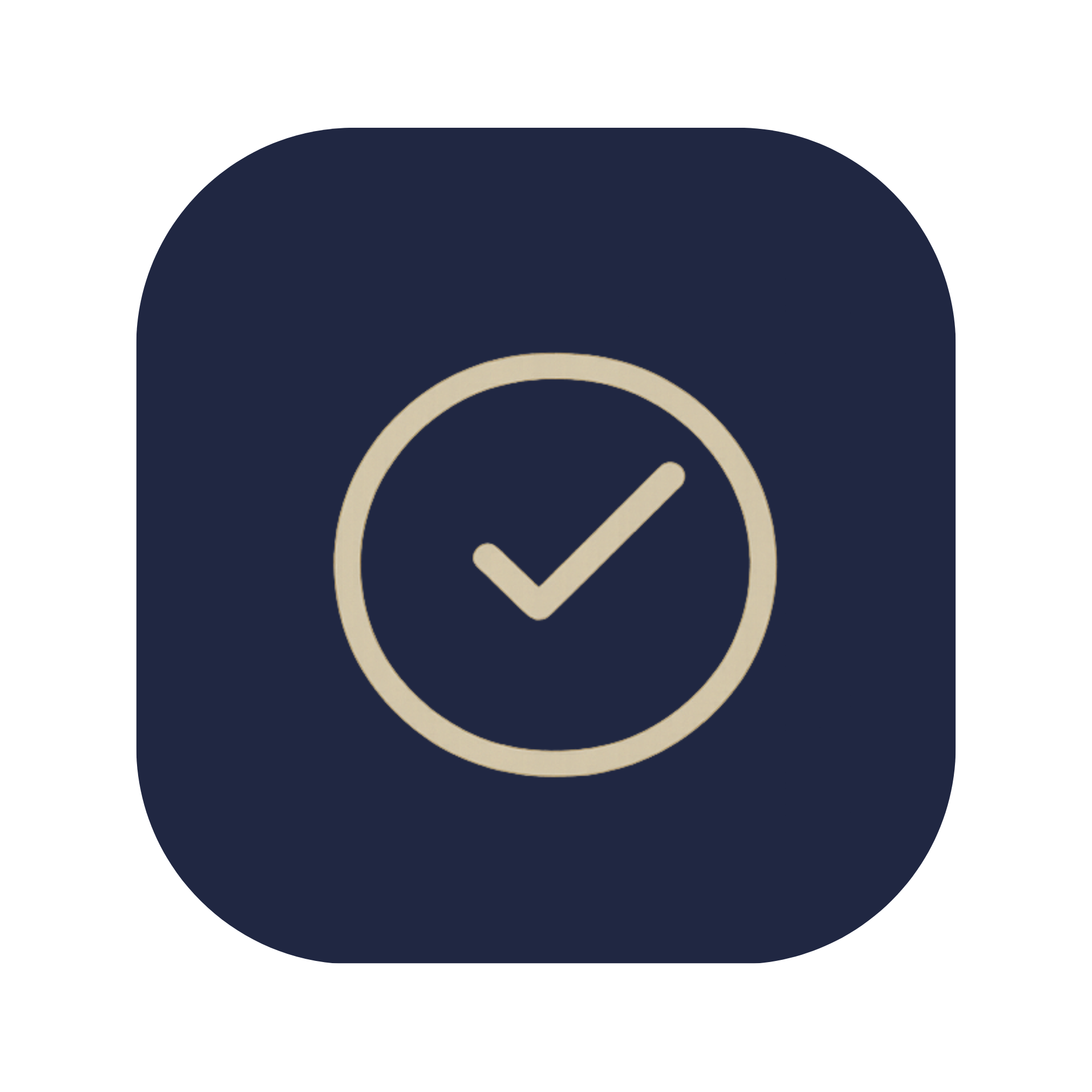 Beige outline clock centered inside a rounded navy square background.
