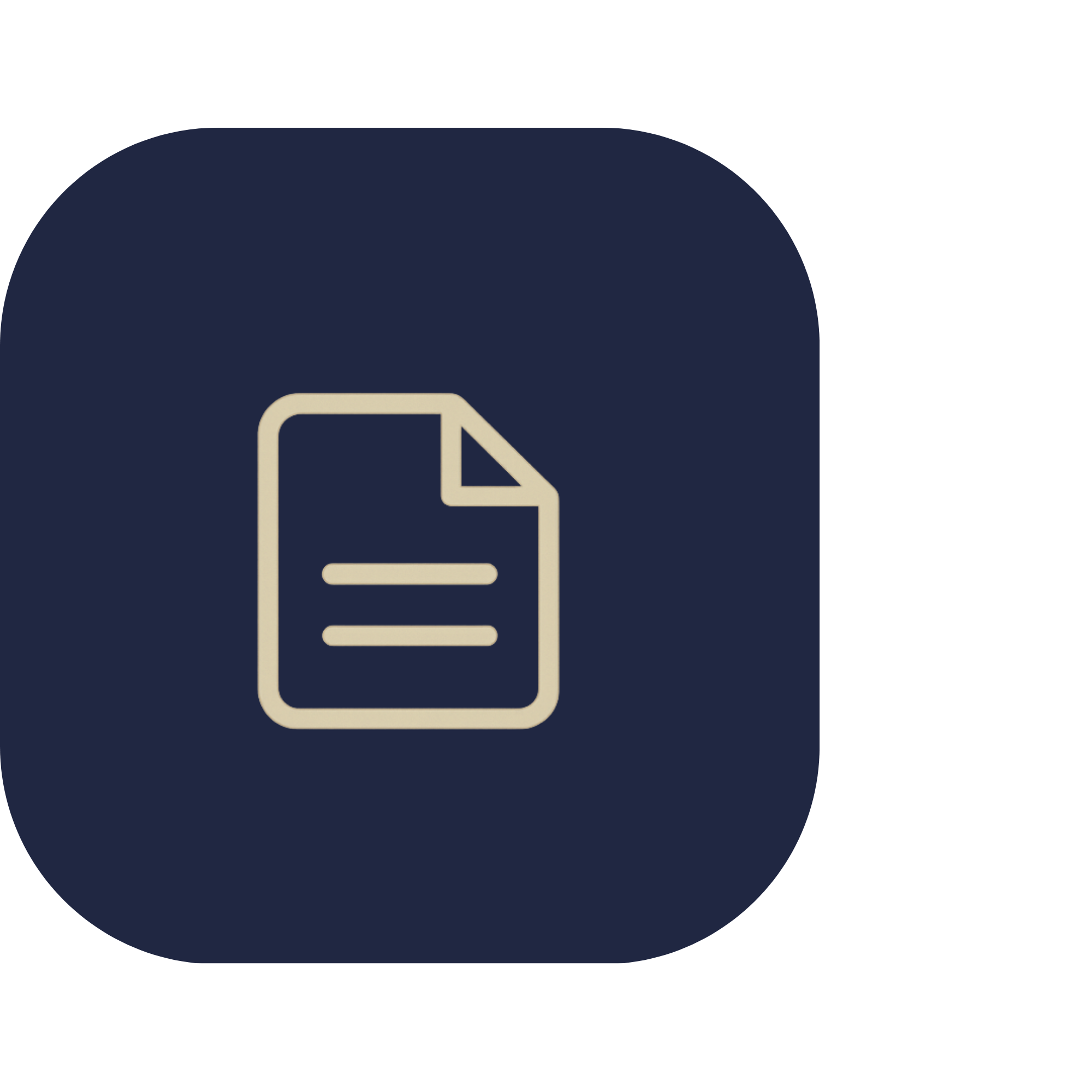 Beige document outline with folded corner inside a navy rounded square.