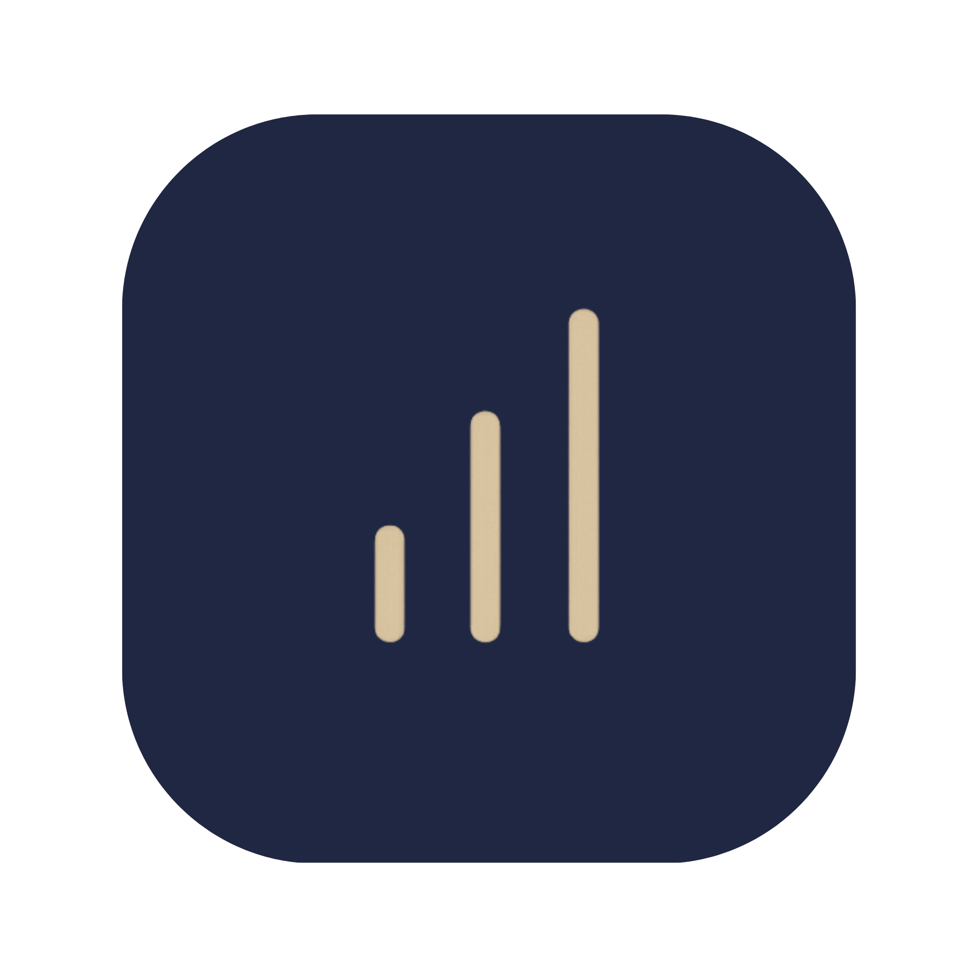 Three ascending beige vertical bars centered inside a rounded navy square background.