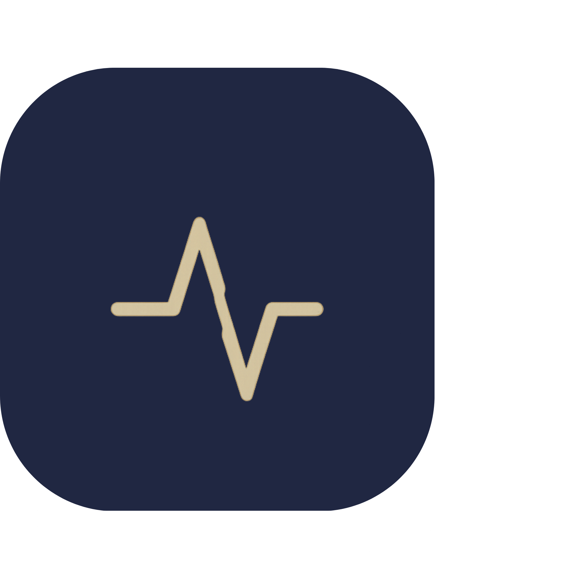 Beige heartbeat line outline inside a navy rounded square.