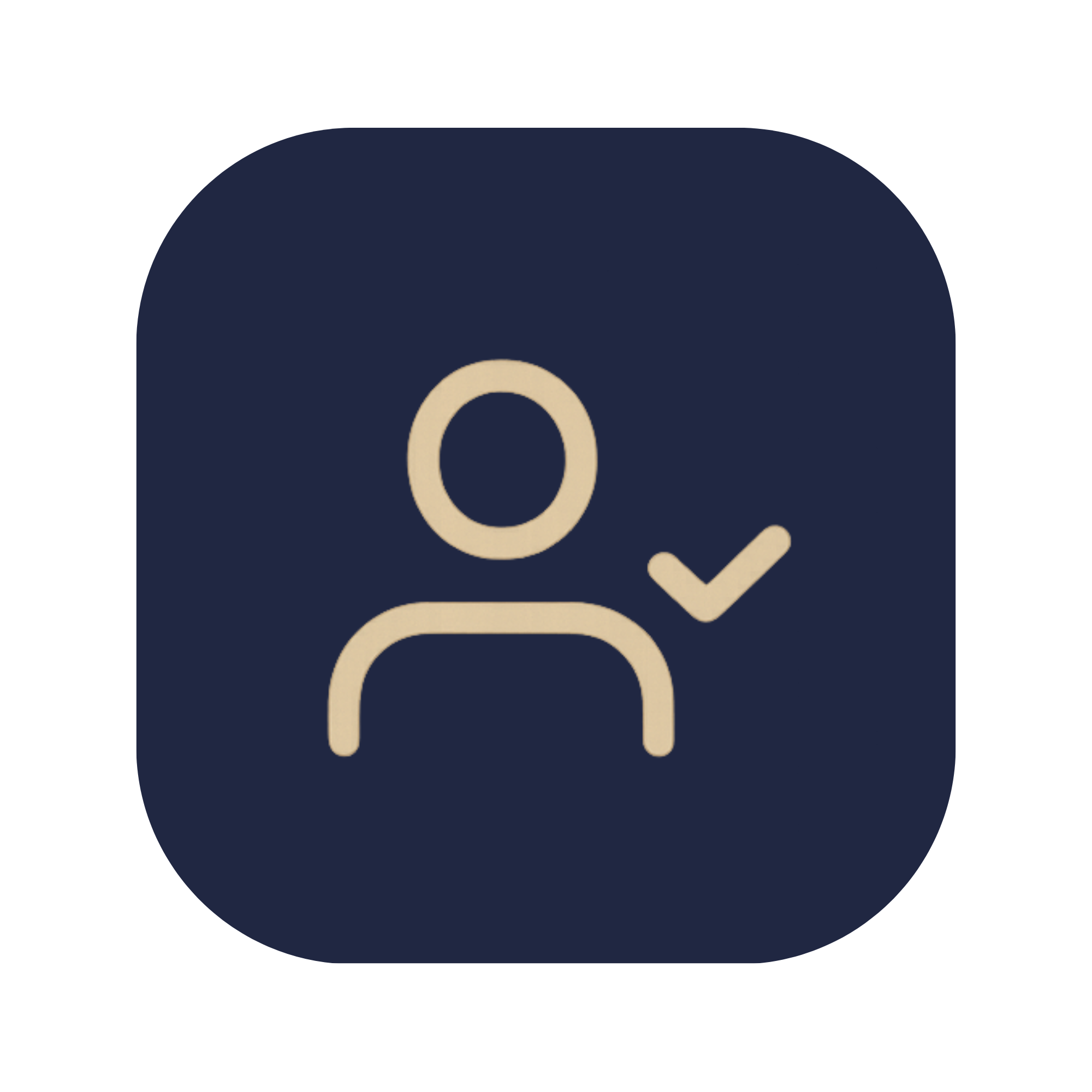 Beige user silhouette with a checkmark to the right on a navy rounded square background.