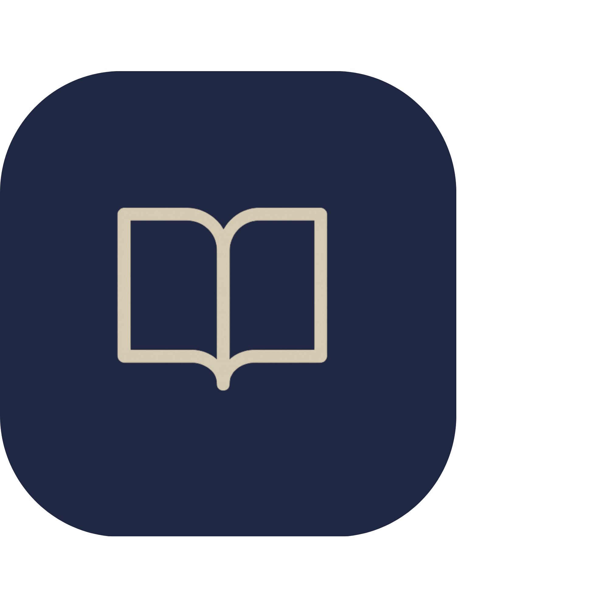 Beige open book outline inside a navy rounded square.