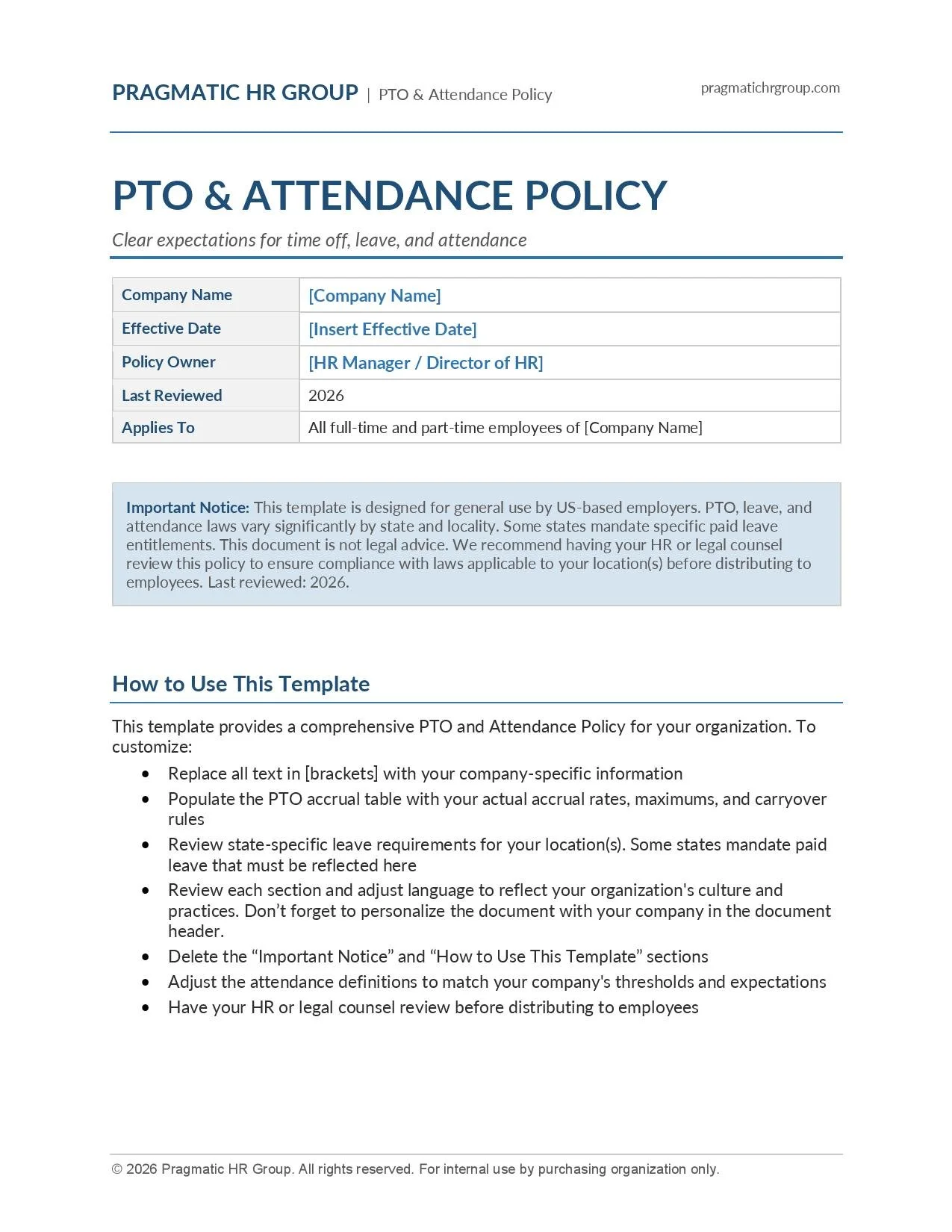Pto Policy Design PTO and Attendance Policy for Small Business (Template) | Pragmatic HR ...