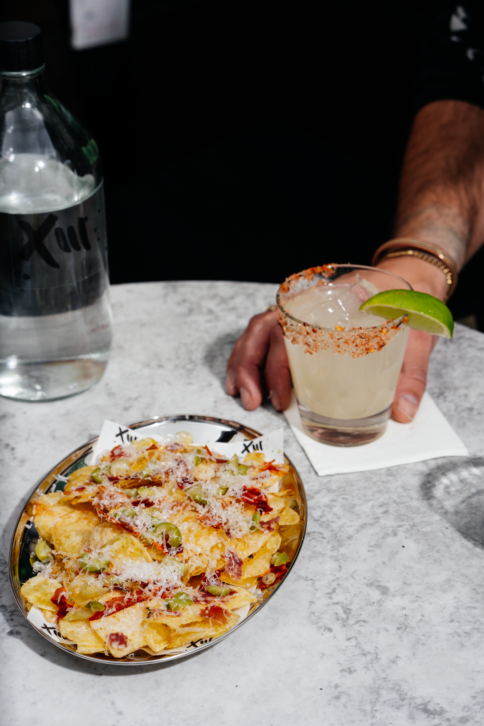 Spicy Margarita and nachos in the Filthy XIII beer garden, Bristol