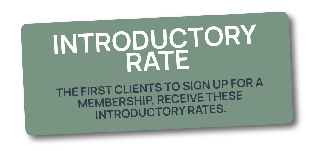 Green informational sign with white and dark blue text about introductory rates for new clients signing up for membership.