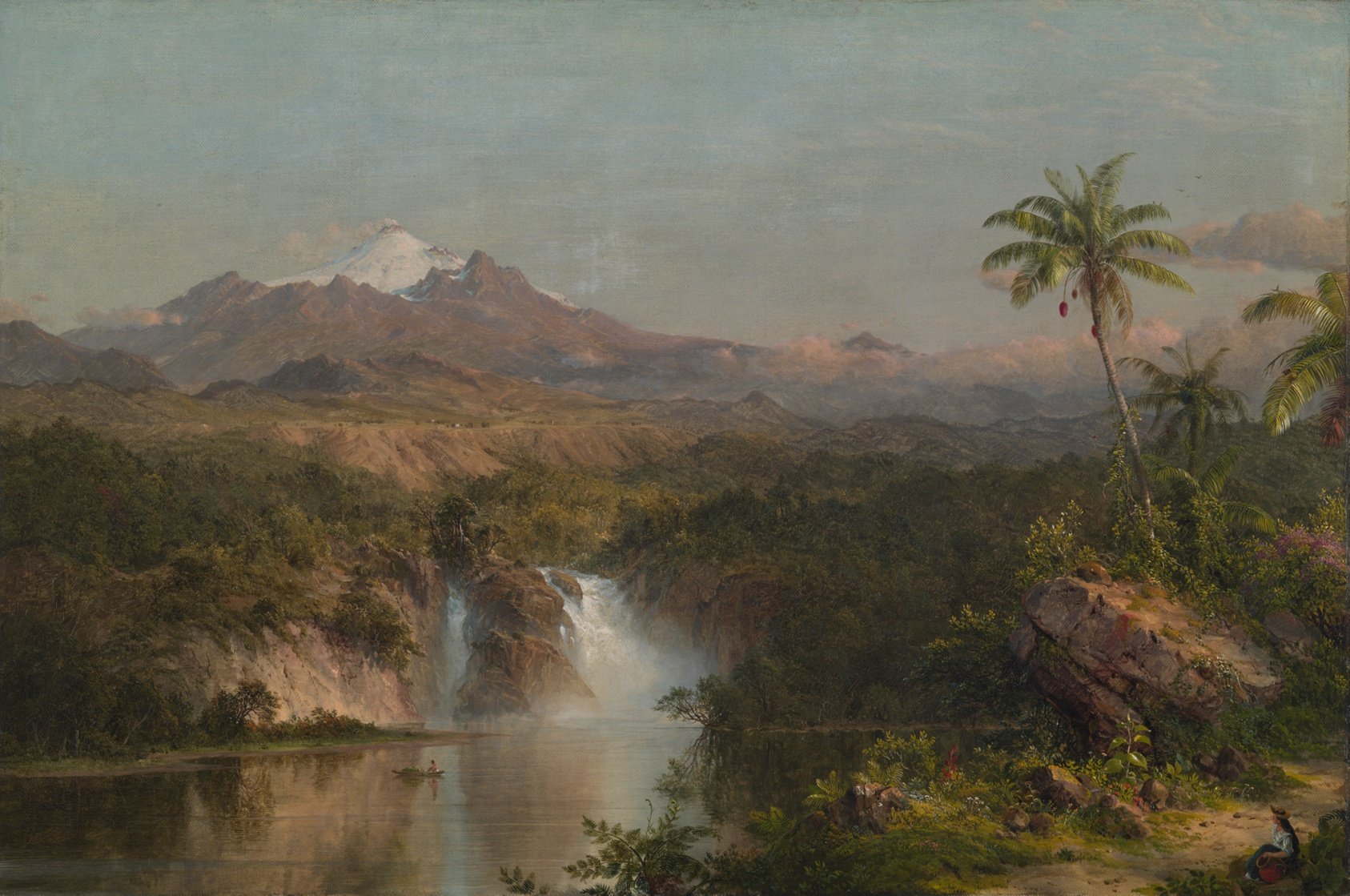 painting of a river, waterfall, and mountains