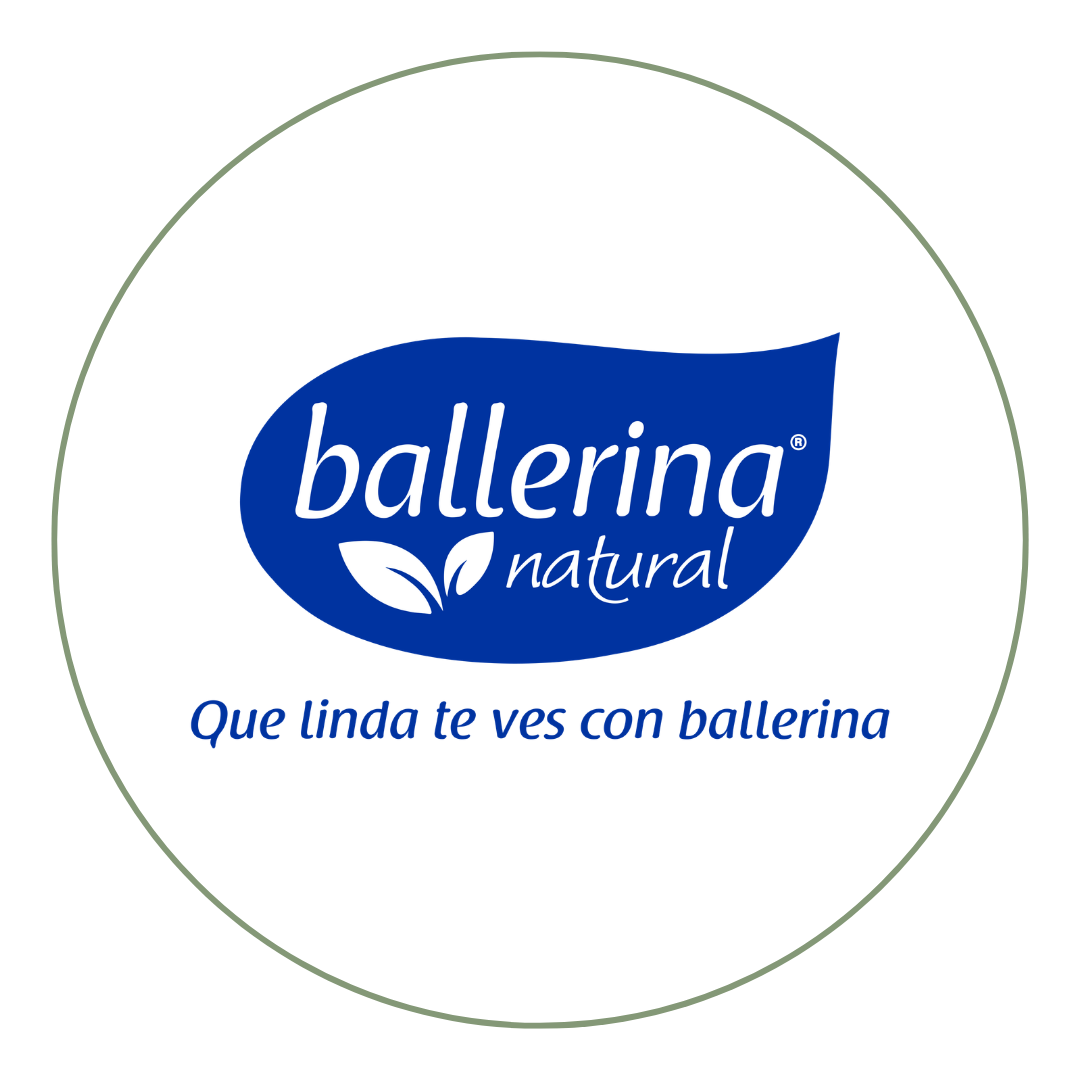 Etiqueta de producto 'Balleringa Natural' con logotipo azul y lema '¡Qué linda te ves con ballerina!'