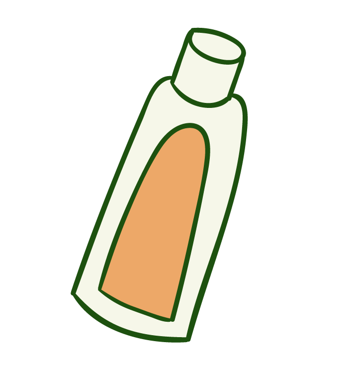 Frasco de loción o perfume con tapa blanca y etiqueta beige.