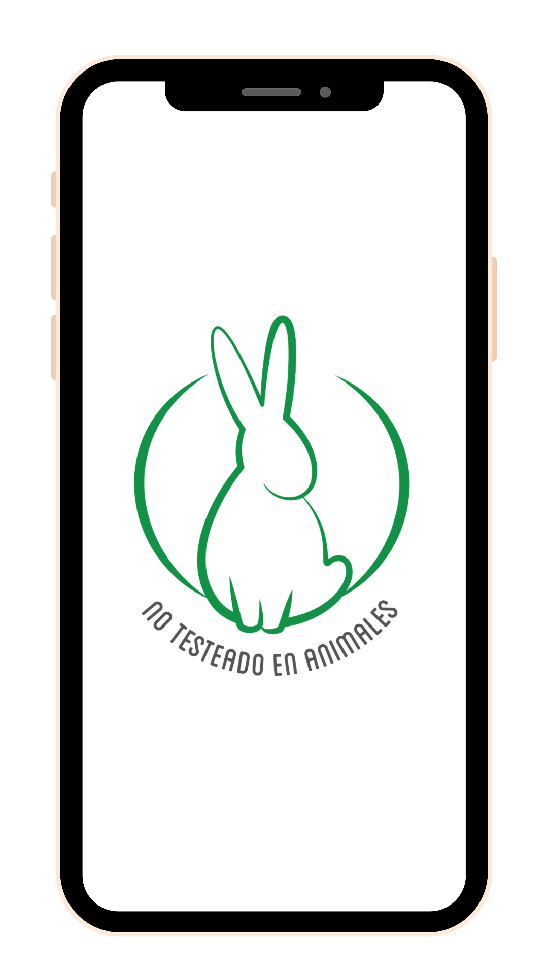 Pantalla de un teléfono móvil que muestra un logo de un conejo en línea verde, con el texto 'No testeado en animales' en español debajo.