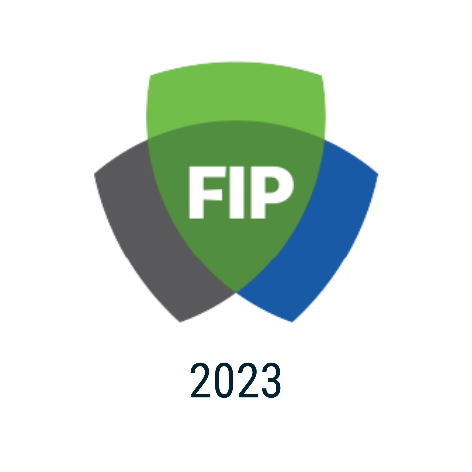 A logo with a shield divided into four sections colored green, blue, black, and gray, with the central green section containing the white text 'FIP'. Below the logo, the text reads 'World Congress on FIP 2023'.
