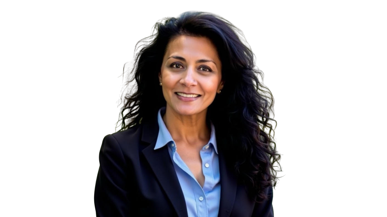 Headshot of woman with long black hair smiling at camera while wearing a blue button down and navy blazer