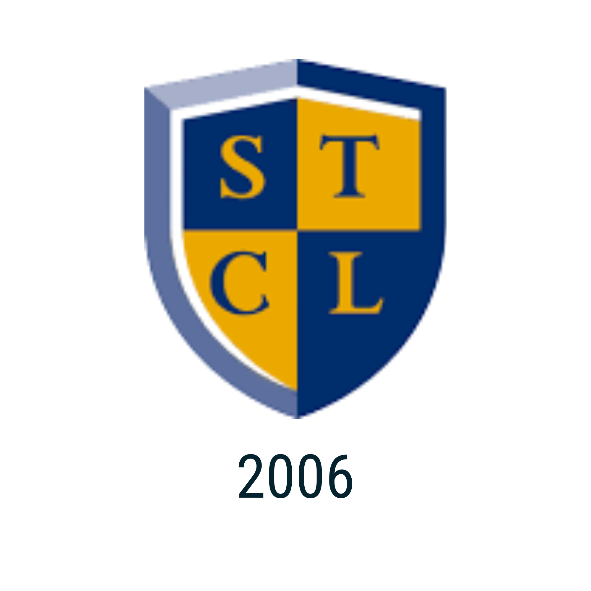 South Texas College of Law Logo. A shield-shaped logo with a blue and yellow color scheme. The shield is divided into four quadrants with the letters S, T, C, and L. The text '2006' is below the shield.