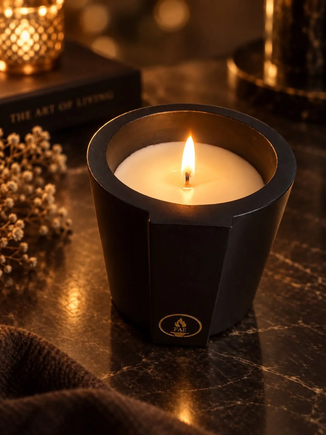 A lit black candle in a black holder with a gold logo, on a dark marble surface, surrounded by dried flowers and decorative items.