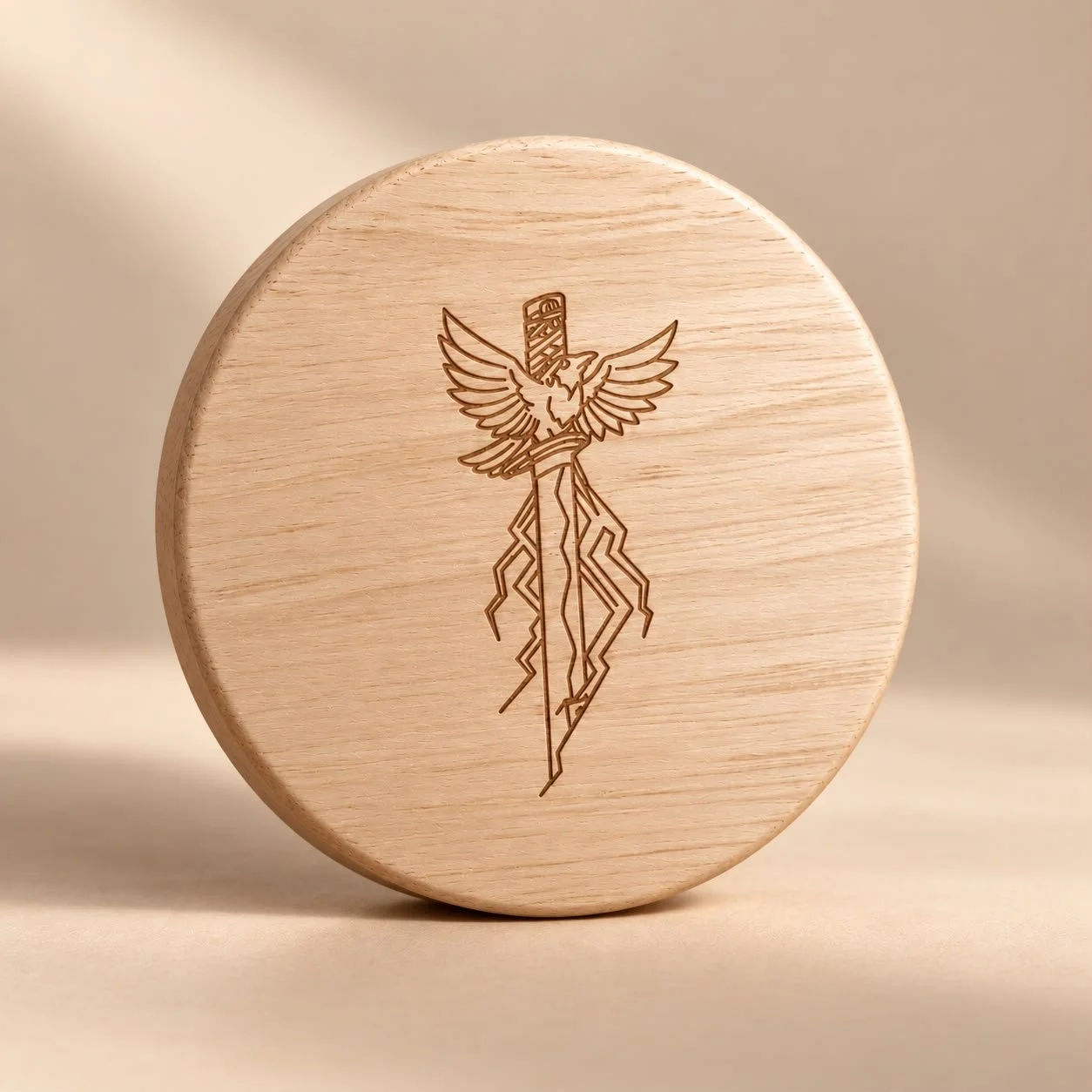 A round wooden object with an engraved design of a bird with outstretched wings, perched on a lightning bolt, and a vertical element above its head.