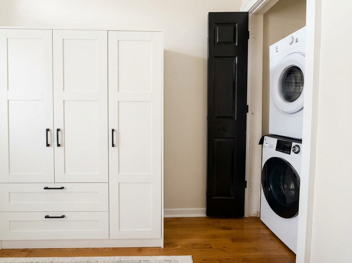 Laundromat with a white cabinet on the left and a stacked washer and dryer on the right, separated by a narrow black cabinet, on hardwood flooring.