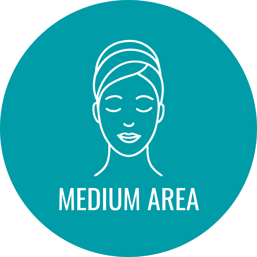 Icon of a woman's face with a headwrap and closed eyes, indicating medium area for skincare or facial treatments.