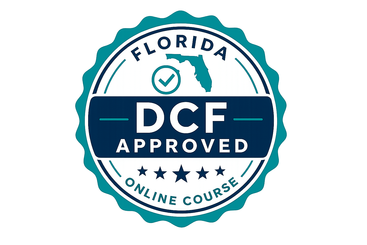 Online course badge with a circular design, featuring the Florida state outline, a checkmark, and stars, indicating DCF approval in blue and white colors.