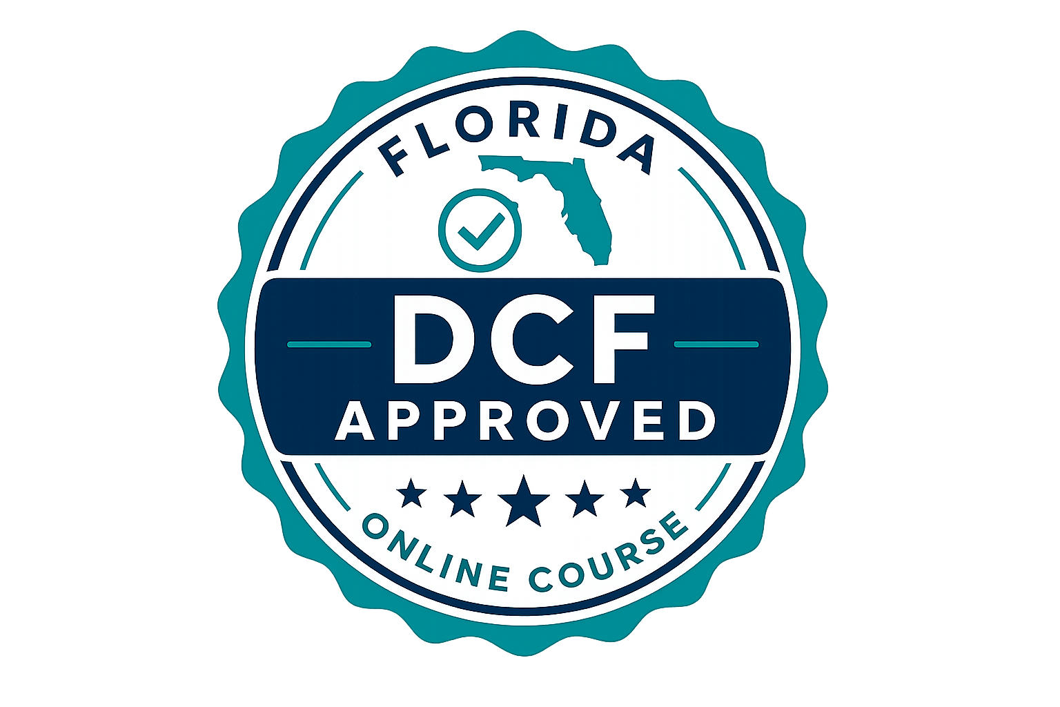 Official badge for an online course approved by DCF, featuring the state of Florida and a check mark.