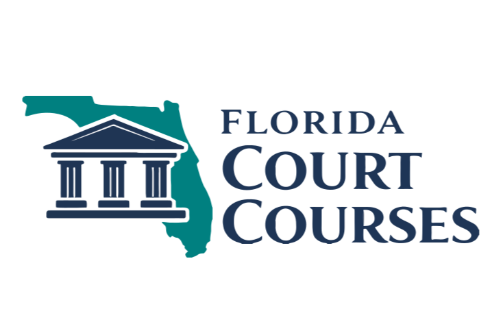 The logo for Florida Court Courses featuring a blue outline of Florida, a courthouse with columns, and the text 'Florida Court Courses' in blue.
