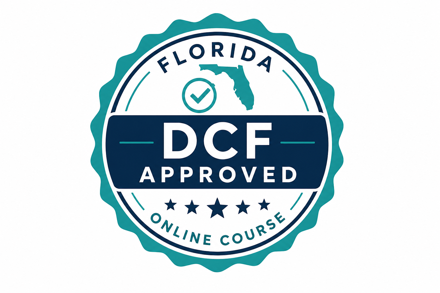 Badge showing Florida DCF approved online course with a map of Florida, a checkmark, and five stars.