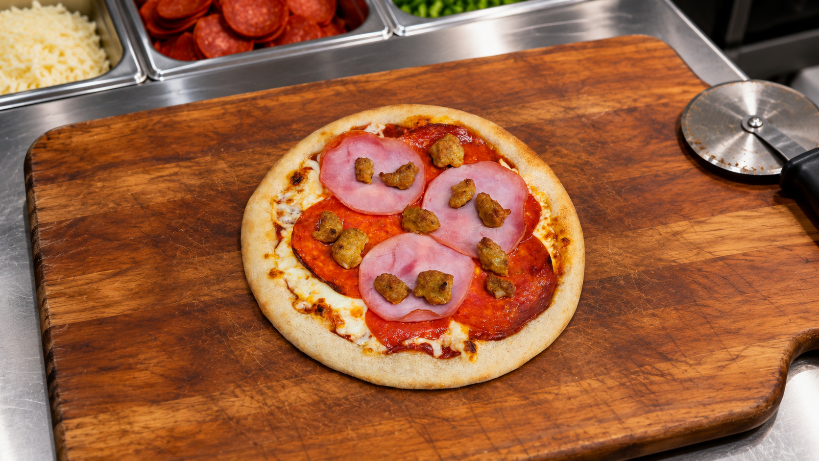 An 8" Three-Meat Pizza on a cutting board