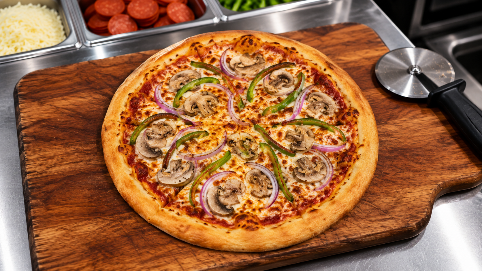 16" Veggie Pizza sitting on cutting board