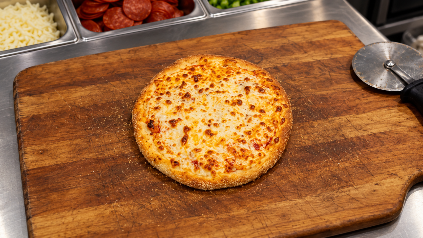 An 8" Cheese Pizza on a cutting board