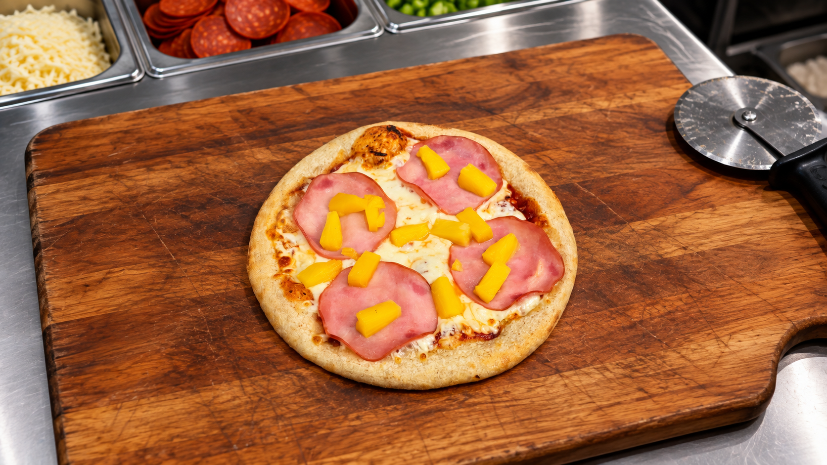 An 8" Hawaiian Pizza on a cutting board