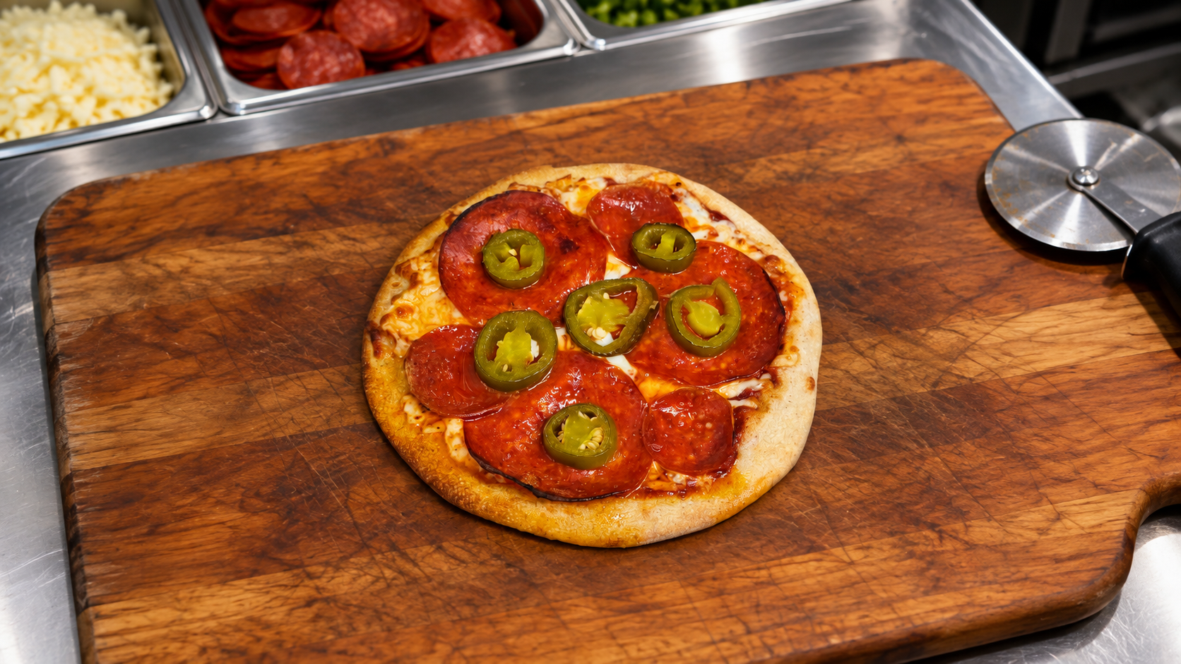 An 8" Jalapeno Pizza on a cutting board