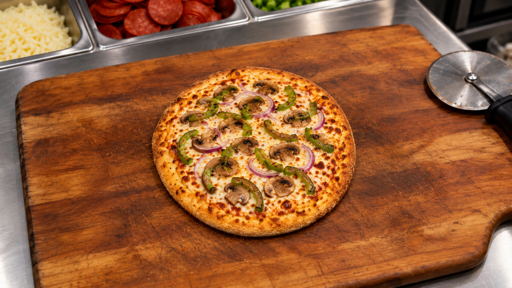 An 8" Veggie Pizza on a cutting board