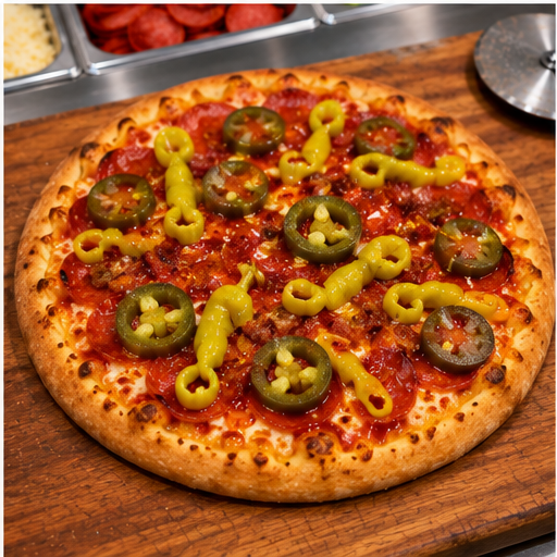 16" Jalapenos and Pepperoncini Pizza sitting on cutting board