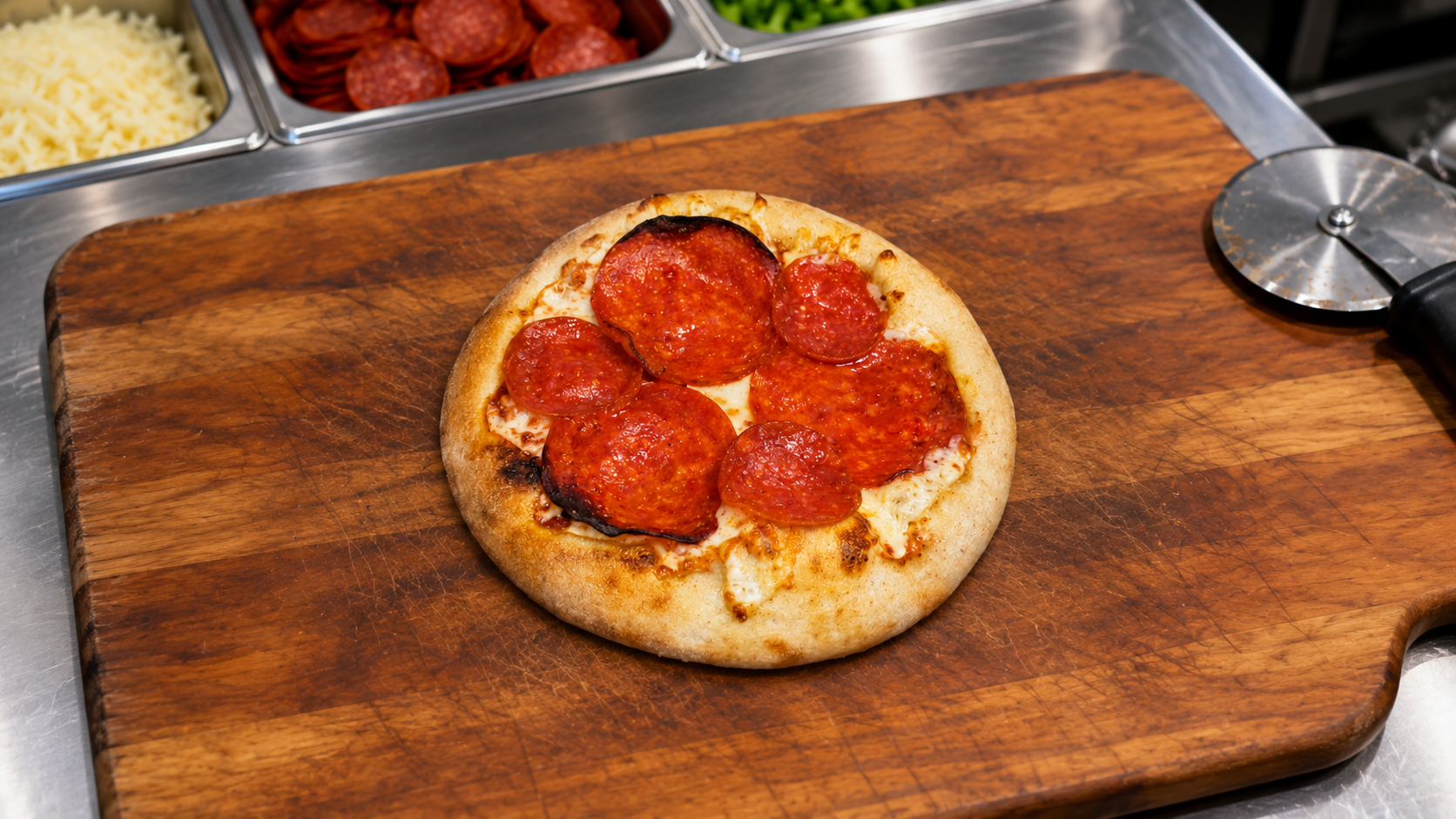 An 8" Pepperoni Pizza on a cutting board