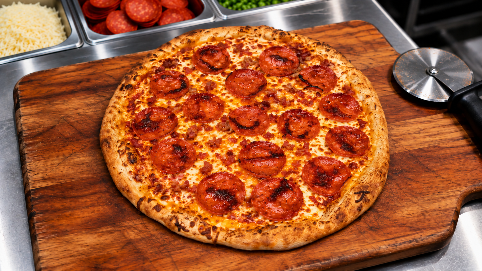 16" Pepperoni Pizza sitting on cutting board