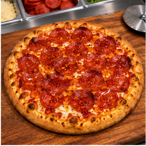 16" Double Pepperoni Pizza sitting on cutting board