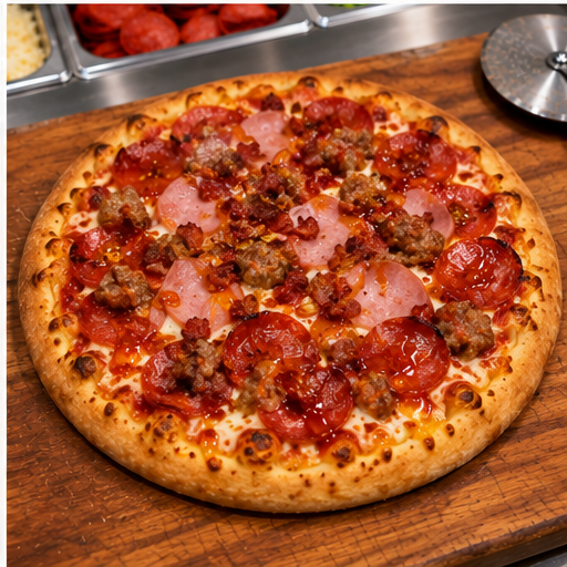 16" Four-Meat Pizza sitting on cutting board