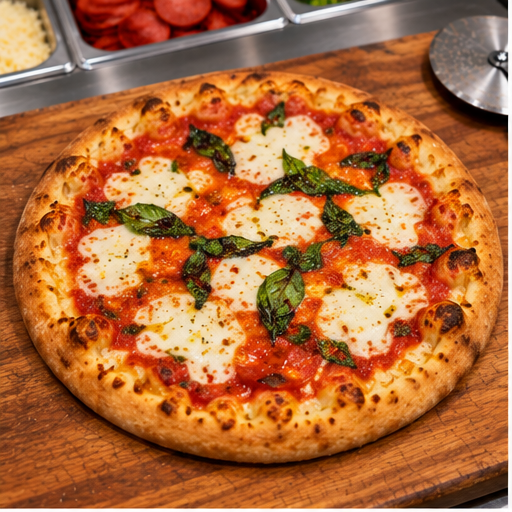 16" Margherita Pizza sitting on cutting board